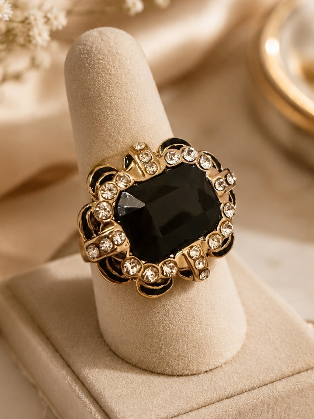 Premier Designs Black Crystal and Gold-Frame Statement Ring Size 6